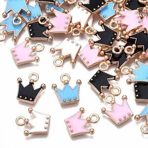 20 Miniature Charms Metal Pink Black White Blue Enamel Gold Crown Charms 0.50 in